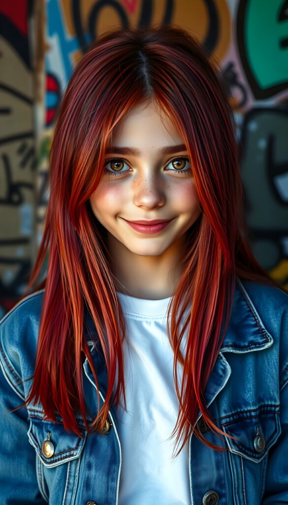 A vibrant, ultra-realistic portrait of a cute petite teen girl with meticulously straight detailed neon red hair falls down like a waterfall. Her expressive amber eyes sparkle with creativity, and her warm smile radiates friendliness. The background to a cozy, graffiti-covered wall. The lighting is dynamic, casting soft shadows and highlights that accentuate her freckles. The colors are rich and saturated, giving the image a lively, youthful vibe. She wears a blue open denim jeans jacket. Underwear a white t-shirt.