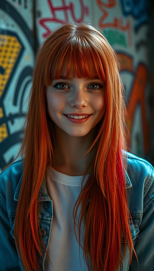 A vibrant, ultra-realistic portrait of a cute petite teen girl with meticulously straight detailed neon red hair falls down like a waterfall. Her expressive amber eyes sparkle with creativity, and her warm smile radiates friendliness. The background to a cozy, graffiti-covered wall. The lighting is dynamic, casting soft shadows and highlights that accentuate her freckles. The colors are rich and saturated, giving the image a lively, youthful vibe. She wears a blue open denim jeans jacket. Underwear a white t-shirt.