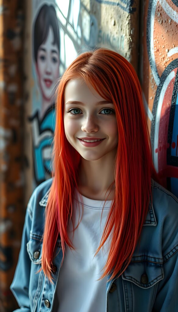 A vibrant, ultra-realistic portrait of a cute petite teen girl with meticulously straight detailed neon red hair falls down like a waterfall. Her expressive amber eyes sparkle with creativity, and her warm smile radiates friendliness. The background to a cozy, graffiti-covered wall. The lighting is dynamic, casting soft shadows and highlights that accentuate her freckles. The colors are rich and saturated, giving the image a lively, youthful vibe. She wears a blue open denim jeans jacket. Underwear a white t-shirt.