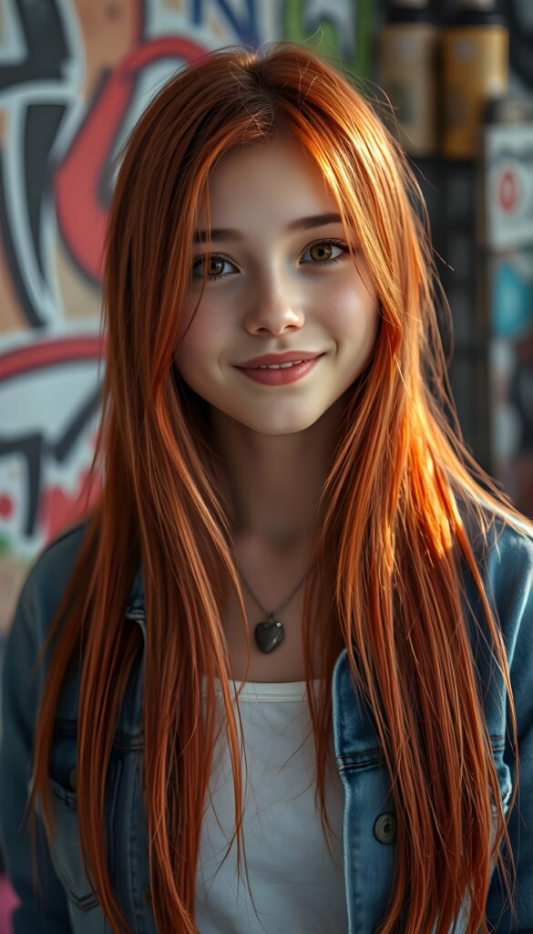 A vibrant, ultra-realistic portrait of a cute petite teen girl with meticulously straight detailed neon red hair falls down like a waterfall. Her expressive amber eyes sparkle with creativity, and her warm smile radiates friendliness. The background to a cozy, graffiti-covered wall. The lighting is dynamic, casting soft shadows and highlights that accentuate her freckles. The colors are rich and saturated, giving the image a lively, youthful vibe. She wears a blue open denim jeans jacket. Underwear a white t-shirt.