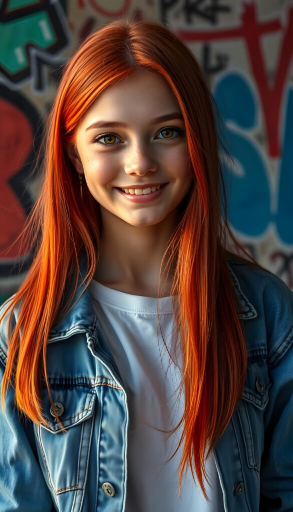 A vibrant, ultra-realistic portrait of a cute petite teen girl with meticulously straight detailed neon red hair falls down like a waterfall. Her expressive amber eyes sparkle with creativity, and her warm smile radiates friendliness. The background to a cozy, graffiti-covered wall. The lighting is dynamic, casting soft shadows and highlights that accentuate her freckles. The colors are rich and saturated, giving the image a lively, youthful vibe. She wears a blue open denim jeans jacket. Underwear a white t-shirt.