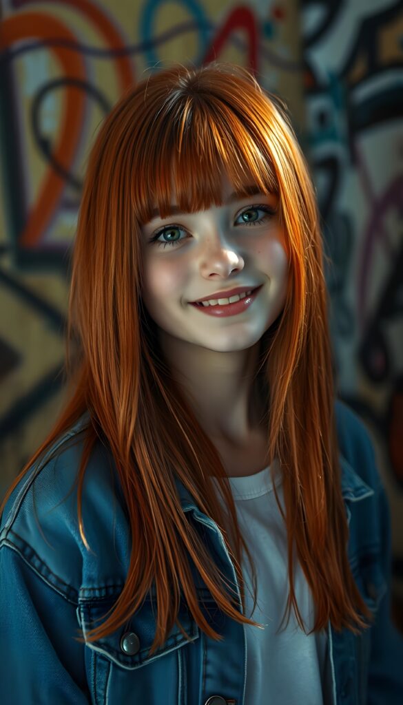 A vibrant, ultra-realistic portrait of a cute petite teen girl with meticulously straight detailed neon red hair falls down like a waterfall. Her expressive amber eyes sparkle with creativity, and her warm smile radiates friendliness. The background to a cozy, graffiti-covered wall. The lighting is dynamic, casting soft shadows and highlights that accentuate her freckles. The colors are rich and saturated, giving the image a lively, youthful vibe. She wears a blue open denim jeans jacket. Underwear a white t-shirt.