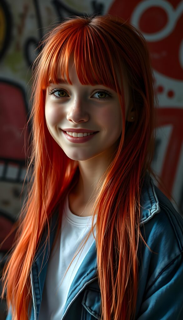 A vibrant, ultra-realistic portrait of a cute petite teen girl with meticulously straight detailed neon red hair falls down like a waterfall. Her expressive amber eyes sparkle with creativity, and her warm smile radiates friendliness. The background to a cozy, graffiti-covered wall. The lighting is dynamic, casting soft shadows and highlights that accentuate her freckles. The colors are rich and saturated, giving the image a lively, youthful vibe. She wears a blue open denim jeans jacket. Underwear a white t-shirt.