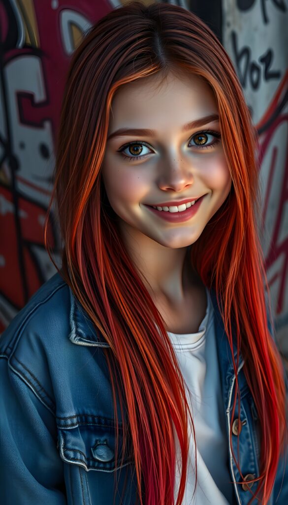A vibrant, ultra-realistic portrait of a cute petite teen girl with meticulously straight detailed neon red hair falls down like a waterfall. Her expressive amber eyes sparkle with creativity, and her warm smile radiates friendliness. The background to a cozy, graffiti-covered wall. The lighting is dynamic, casting soft shadows and highlights that accentuate her freckles. The colors are rich and saturated, giving the image a lively, youthful vibe. She wears a blue open denim jeans jacket. Underwear a white t-shirt.