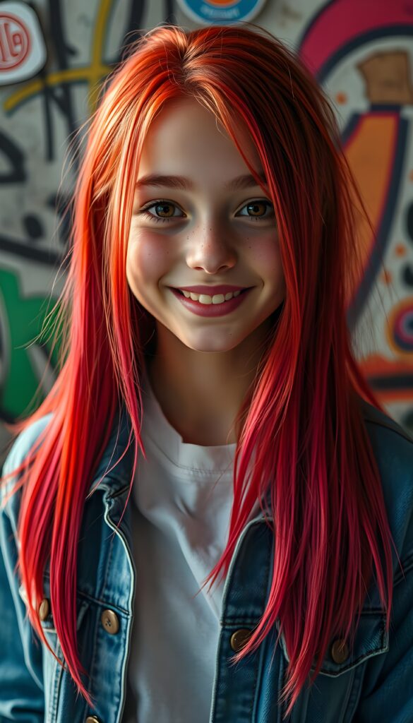 A vibrant, ultra-realistic portrait of a cute petite teen girl with meticulously straight detailed neon red hair falls down like a waterfall. Her expressive amber eyes sparkle with creativity, and her warm smile radiates friendliness. The background to a cozy, graffiti-covered wall. The lighting is dynamic, casting soft shadows and highlights that accentuate her freckles. The colors are rich and saturated, giving the image a lively, youthful vibe. She wears a blue open denim jeans jacket. Underwear a white t-shirt.
