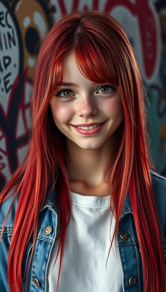 A vibrant, ultra-realistic portrait of a cute petite teen girl with meticulously straight detailed neon red hair falls down like a waterfall. Her expressive amber eyes sparkle with creativity, and her warm smile radiates friendliness. The background to a cozy, graffiti-covered wall. The lighting is dynamic, casting soft shadows and highlights that accentuate her freckles. The colors are rich and saturated, giving the image a lively, youthful vibe. She wears a blue open denim jeans jacket. Underwear a white t-shirt.