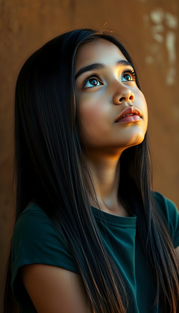 A vibrant upper body portrait of a young, tanned indigenous girl with straight, long, jet-black hair cascading down her back, set against a rich brown backdrop. Her amber eyes sparkle with curiosity as she gazes upwards, her full lips slightly parted in wonder. She wears a dark green t-shirt. The scene is illuminated by warm, soft sunlight, casting gentle shadows and highlighting her radiant complexion. Her posture is elegant, with one hand delicately touching her shoulder, adding a touch of grace to the composition.