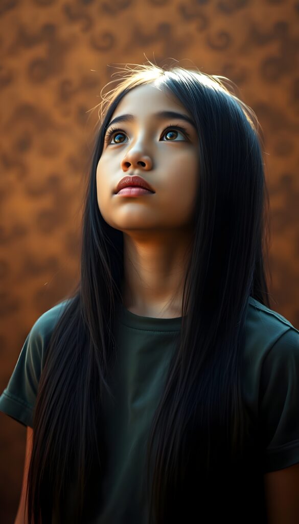 A vibrant upper body portrait of a young, tanned indigenous girl with straight, long, jet-black hair cascading down her back, set against a rich brown backdrop. Her amber eyes sparkle with curiosity as she gazes upwards, her full lips slightly parted in wonder. She wears a dark green t-shirt. The scene is illuminated by warm, soft sunlight, casting gentle shadows and highlighting her radiant complexion. Her posture is elegant, with one hand delicately touching her shoulder, adding a touch of grace to the composition.