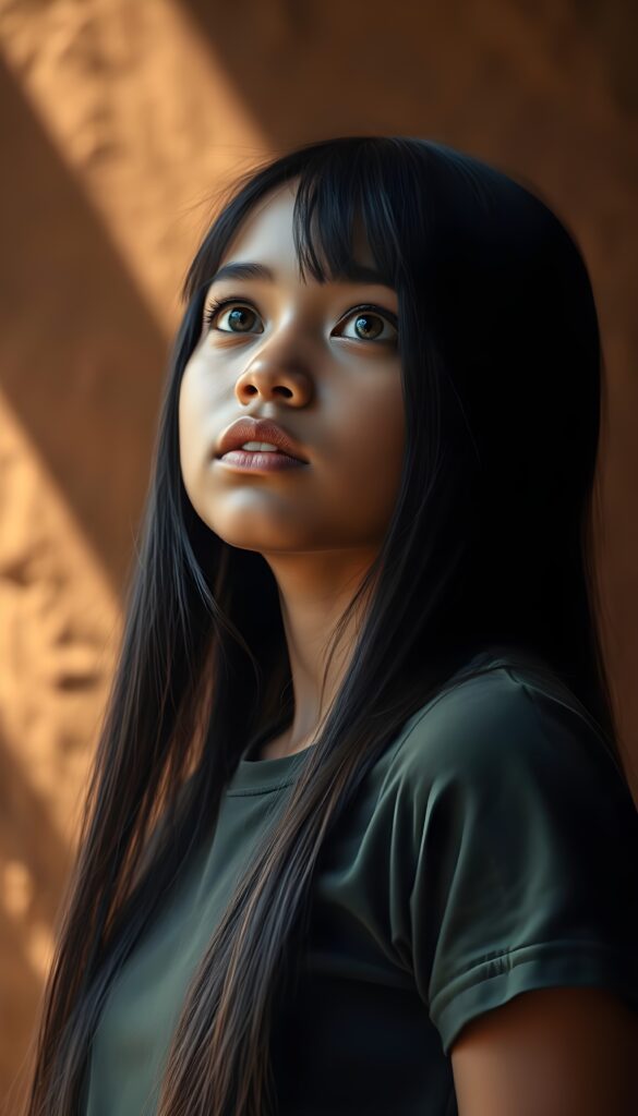 A vibrant upper body portrait of a young, tanned indigenous girl with straight, long, jet-black hair cascading down her back, set against a rich brown backdrop. Her amber eyes sparkle with curiosity as she gazes upwards, her full lips slightly parted in wonder. She wears a dark green t-shirt. The scene is illuminated by warm, soft sunlight, casting gentle shadows and highlighting her radiant complexion. Her posture is elegant, with one hand delicately touching her shoulder, adding a touch of grace to the composition.