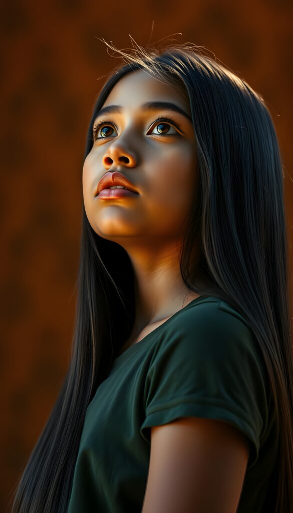 A vibrant upper body portrait of a young, tanned indigenous girl with straight, long, jet-black hair cascading down her back, set against a rich brown backdrop. Her amber eyes sparkle with curiosity as she gazes upwards, her full lips slightly parted in wonder. She wears a dark green t-shirt. The scene is illuminated by warm, soft sunlight, casting gentle shadows and highlighting her radiant complexion. Her posture is elegant, with one hand delicately touching her shoulder, adding a touch of grace to the composition.