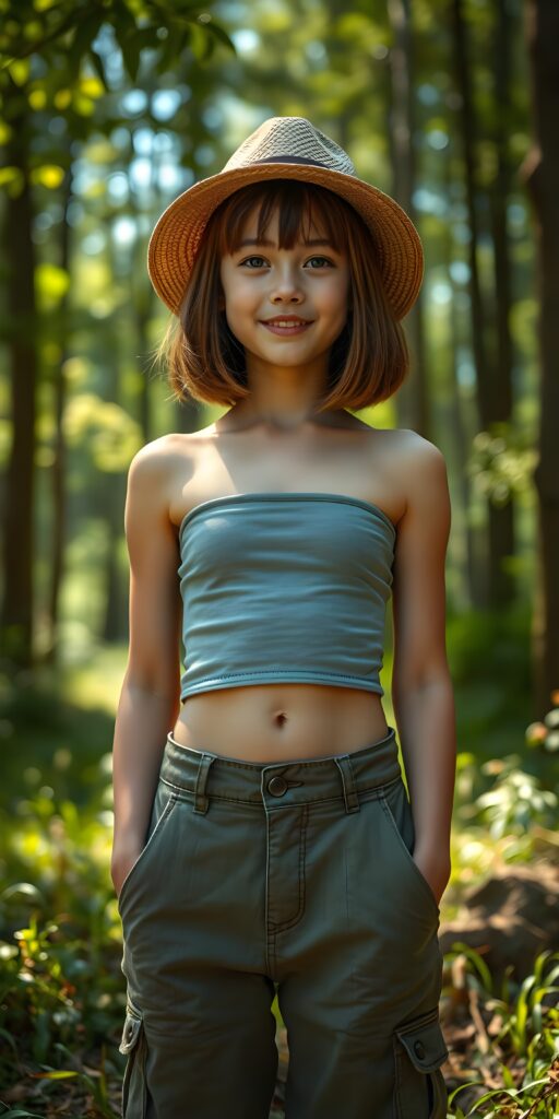 A vibrant, whimsical scene featuring a young girl with radiant, straight shoulder-length amber hair cascading down in a perfect bob and bangs cut, wearing a light grey plain form-fitting tube top that accentuates her figure and cargo pants with playful pockets. She stands confidently in a sun-drenched, lush green forest clearing, surrounded by tall trees with dappled sunlight filtering through the leaves, creating a magical and dreamy atmosphere. Her outfit is detailed with intricate patterns, and she wears a straw hat. The image is a fusion of realism and fantasy, with a soft, ethereal glow that highlights her youthful energy and the natural beauty of her surroundings. Front view. Happy girl.