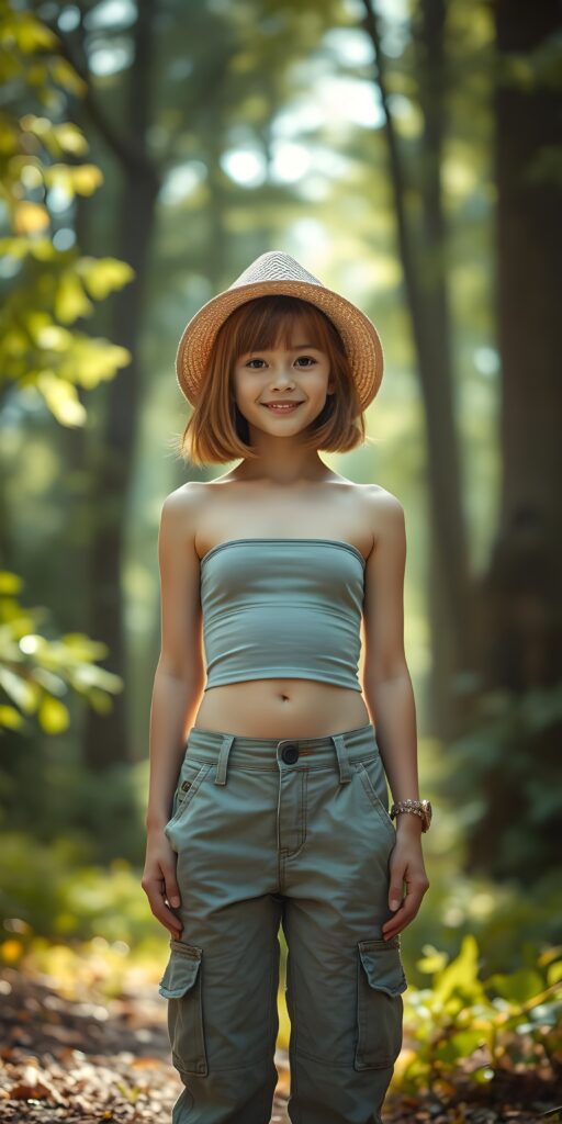 A vibrant, whimsical scene featuring a young girl with radiant, straight shoulder-length amber hair cascading down in a perfect bob and bangs cut, wearing a light grey plain form-fitting tube top that accentuates her figure and cargo pants with playful pockets. She stands confidently in a sun-drenched, lush green forest clearing, surrounded by tall trees with dappled sunlight filtering through the leaves, creating a magical and dreamy atmosphere. Her outfit is detailed with intricate patterns, and she wears a straw hat. The image is a fusion of realism and fantasy, with a soft, ethereal glow that highlights her youthful energy and the natural beauty of her surroundings. Front view. Happy girl.