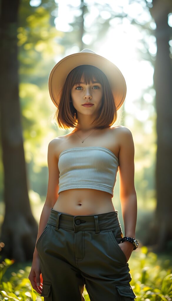 A vibrant, whimsical scene featuring a young girl with radiant, straight shoulder-length amber hair cascading down in a perfect bob and bangs cut, wearing a form-fitting tube top that accentuates her figure and cargo pants with playful pockets. She stands confidently in a sun-drenched, lush green forest clearing, surrounded by tall trees with dappled sunlight filtering through the leaves, creating a magical and dreamy atmosphere. Her outfit is detailed with intricate patterns, and she wears a wide-brimmed hat. The image is a fusion of realism and fantasy, with a soft, ethereal glow that highlights her youthful energy and the natural beauty of her surroundings.