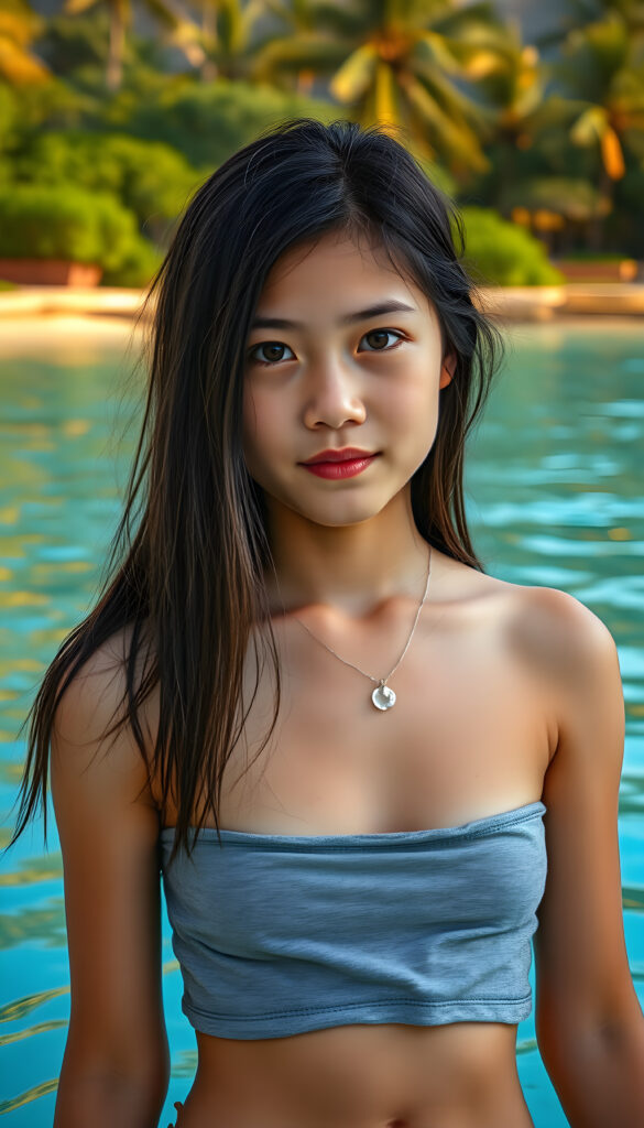 A vibrant young girl from Hawaii, her dark straight hair glistening with ocean spray, stands by a serene blue lagoon. She is adorned in a chic, wet, cropped grey t-shirt that clings to her frame, highlighting her playful and adventurous spirit. The scene is bathed in warm, golden sunlight, casting a magical glow over the tranquil waters. The background features lush, tropical foliage and distant palm trees, creating a serene and inviting atmosphere. The overall composition is dynamic, capturing the essence of a carefree moment in a tropical paradise.