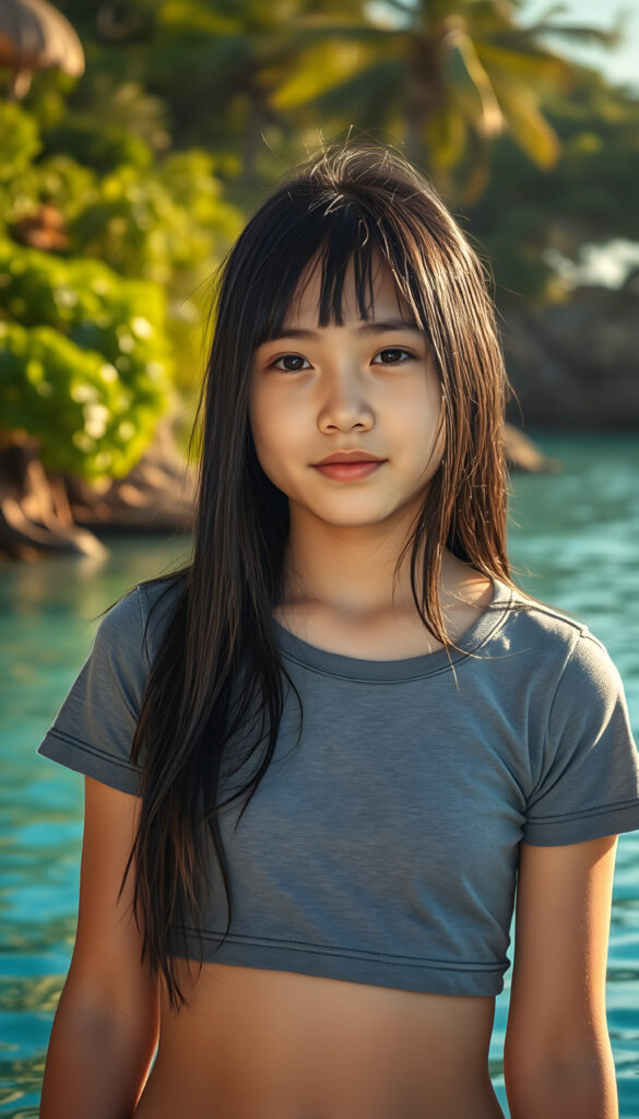A vibrant young girl from Hawaii, her dark straight hair glistening with ocean spray, stands by a serene blue lagoon. She is adorned in a chic, wet, cropped grey t-shirt that clings to her frame, highlighting her playful and adventurous spirit. The scene is bathed in warm, golden sunlight, casting a magical glow over the tranquil waters. The background features lush, tropical foliage and distant palm trees, creating a serene and inviting atmosphere. The overall composition is dynamic, capturing the essence of a carefree moment in a tropical paradise.