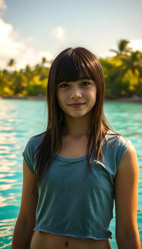 A vibrant young girl from Hawaii, her dark straight hair glistening with ocean spray, stands by a serene blue lagoon. She is adorned in a chic, wet, cropped grey t-shirt that clings to her frame, highlighting her playful and adventurous spirit. The scene is bathed in warm, golden sunlight, casting a magical glow over the tranquil waters. The background features lush, tropical foliage and distant palm trees, creating a serene and inviting atmosphere. The overall composition is dynamic, capturing the essence of a carefree moment in a tropical paradise.