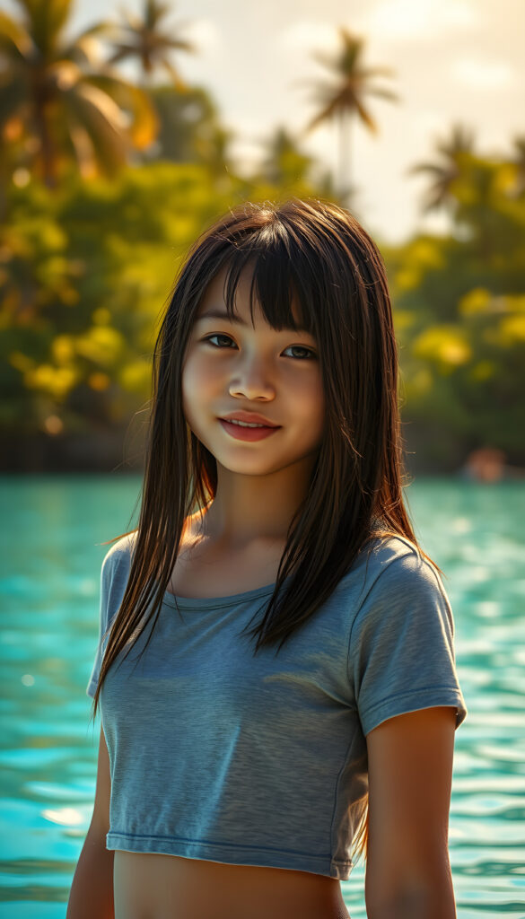 A vibrant young girl from Hawaii, her dark straight hair glistening with ocean spray, stands by a serene blue lagoon. She is adorned in a chic, wet, cropped grey t-shirt that clings to her frame, highlighting her playful and adventurous spirit. The scene is bathed in warm, golden sunlight, casting a magical glow over the tranquil waters. The background features lush, tropical foliage and distant palm trees, creating a serene and inviting atmosphere. The overall composition is dynamic, capturing the essence of a carefree moment in a tropical paradise.