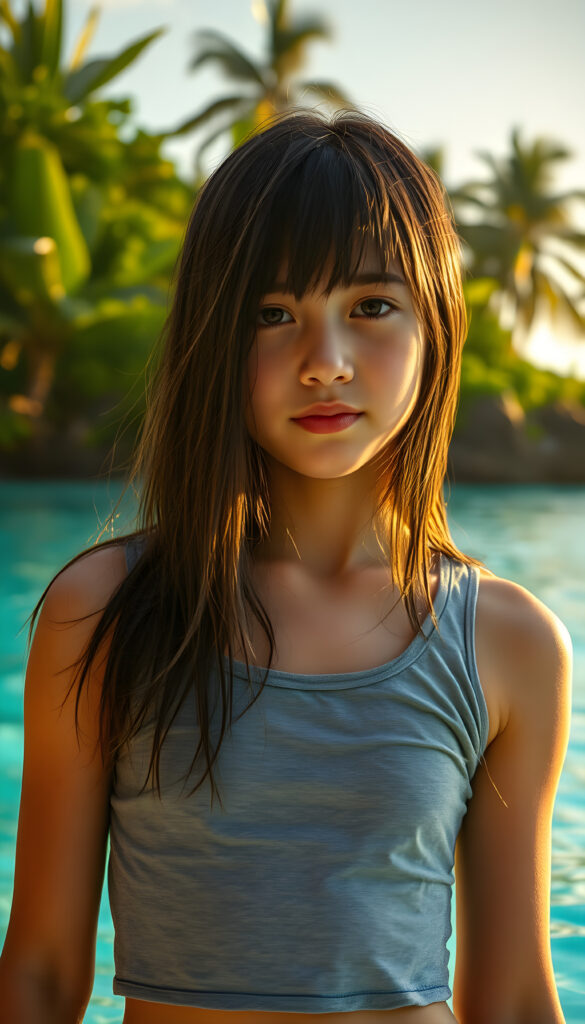 A vibrant young girl from Hawaii, her dark straight hair glistening with ocean spray, stands by a serene blue lagoon. She is adorned in a chic, wet, cropped grey t-shirt that clings to her frame, highlighting her playful and adventurous spirit. The scene is bathed in warm, golden sunlight, casting a magical glow over the tranquil waters. The background features lush, tropical foliage and distant palm trees, creating a serene and inviting atmosphere. The overall composition is dynamic, capturing the essence of a carefree moment in a tropical paradise.