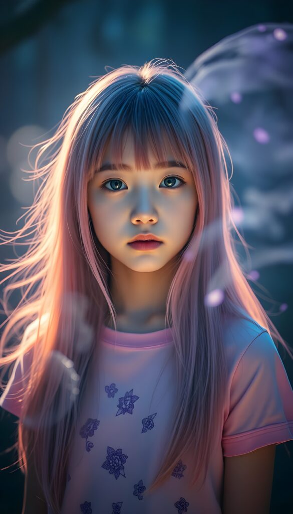 A vibrant, youthful scene featuring a young girl with long, flowing pink straight hair and charming bangs. Her flawless skin and deep blue eyes shine brightly under the soft, ethereal glow. She wears a delicate pink t-shirt, adorned with intricate floral patterns. A light, enchanting fog in shades of blue and purple swirls around her, creating a dreamlike atmosphere. The background is a stunning blend of dark, mysterious woods and a starry night sky, enhancing the mystical ambiance.