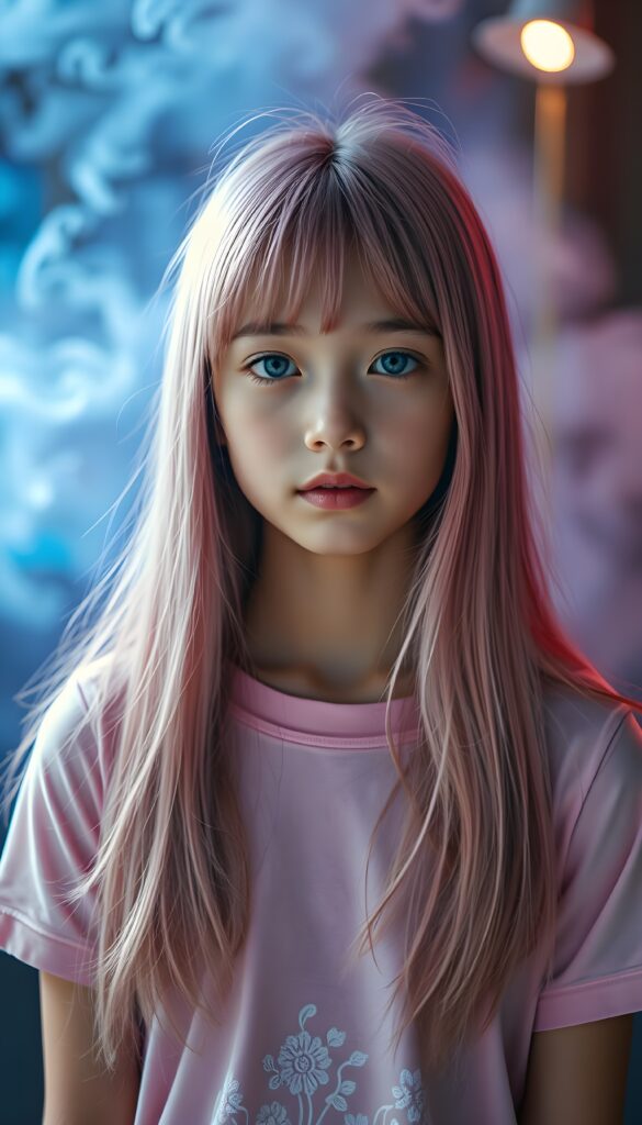 A vibrant, youthful scene featuring a young girl with long, flowing pink straight hair and charming bangs. Her flawless skin and deep blue eyes shine brightly under the soft, ethereal glow. She wears a delicate pink t-shirt, adorned with intricate floral patterns. A light, enchanting fog in shades of blue and purple swirls around her, creating a dreamlike atmosphere. The background is a stunning blend of dark, mysterious woods and a starry night sky, enhancing the mystical ambiance.