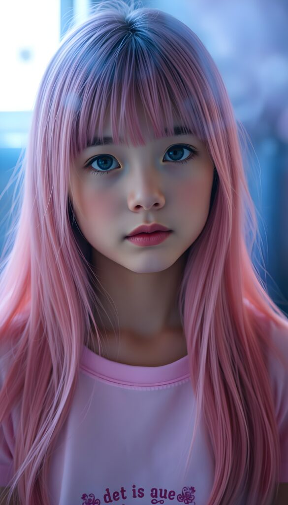 A vibrant, youthful scene featuring a young girl with long, flowing pink straight hair and charming bangs. Her flawless skin and deep blue eyes shine brightly under the soft, ethereal glow. She wears a delicate pink t-shirt, adorned with intricate floral patterns. A light, enchanting fog in shades of blue and purple swirls around her, creating a dreamlike atmosphere. The background is a stunning blend of dark, mysterious woods and a starry night sky, enhancing the mystical ambiance.