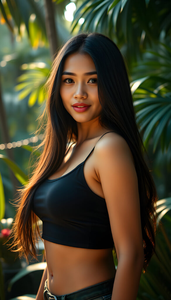 A vibrant, youthful girl with a warm, exotic tan and long, flowing black hair stands confidently against a backdrop of a lush, tropical forest. She wears a stylish, short cropped black tank top that accentuates her perfect curves. Her round face is framed by her soft, silky hair, and her full, kissable lips and bright, expressive eyes exude charm and vitality. The lighting is soft and golden, casting a warm glow that highlights her radiant skin and the lush greenery around her. The scene is filled with vibrant colors, including vivid greens, deep blues, and warm golds, creating a lively and enchanting atmosphere.
