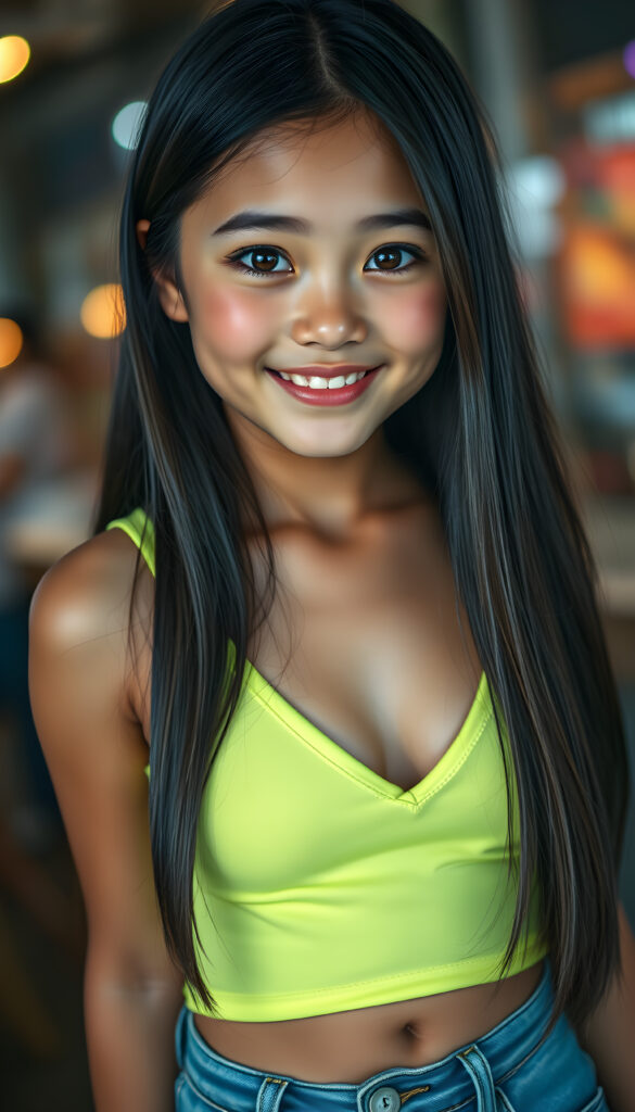 A vibrant, youthful well busty girl with straight, silky, jet-black hair cascading over her shoulders, full, plump lips, and a radiant smile. Her large, round, sparkling amber eyes gleam with curiosity, and her round cheeks blush in delight. She wears a short, form-fitting neon green tank top that accentuates her feminine figure and deep v-neck, paired with blue jeans, shows her perfect round belly button.