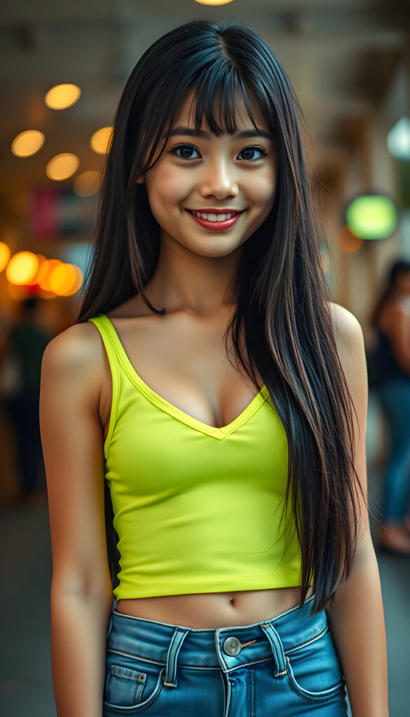 A vibrant, youthful well busty girl with straight, silky, jet-black hair cascading over her shoulders, full, plump lips, and a radiant smile. Her large, round, sparkling amber eyes gleam with curiosity, and her round cheeks blush in delight. She wears a short, form-fitting neon green tank top that accentuates her feminine figure and deep v-neck, paired with blue jeans, shows her perfect round belly button.