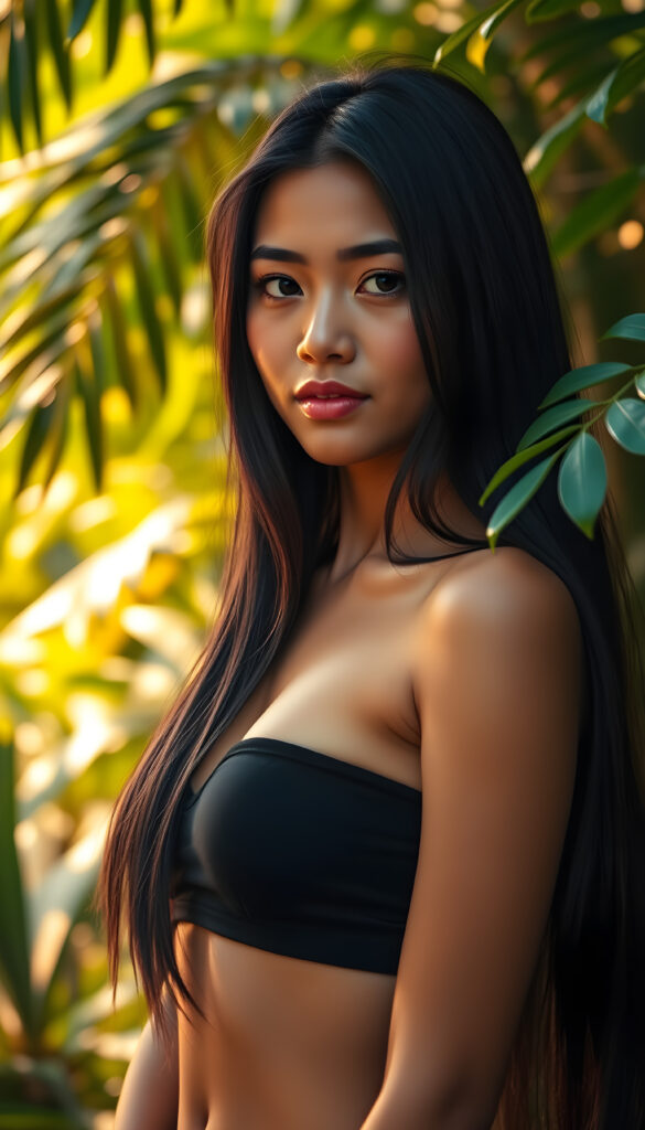 A vibrant, youthful girl with a warm, exotic tan and long, flowing black hair stands confidently against a backdrop of a lush, tropical forest. She wears a stylish, short cropped black tank top that accentuates her perfect curves. Her round face is framed by her soft, silky hair, and her full, kissable lips and bright, expressive eyes exude charm and vitality. The lighting is soft and golden, casting a warm glow that highlights her radiant skin and the lush greenery around her. The scene is filled with vibrant colors, including vivid greens, deep blues, and warm golds, creating a lively and enchanting atmosphere.