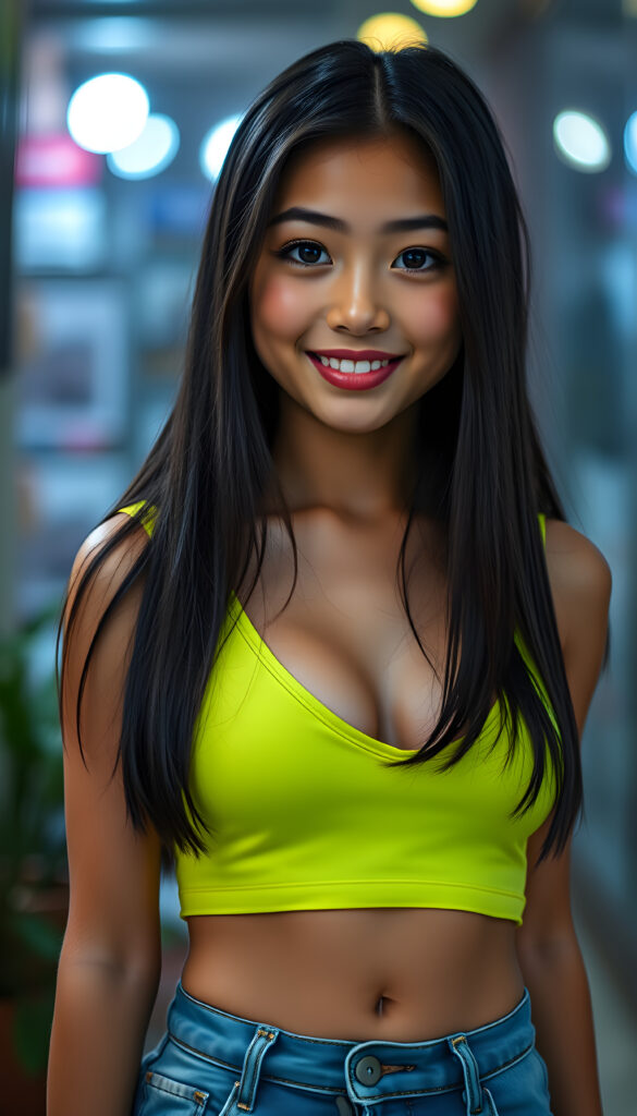 A vibrant, youthful well busty girl with straight, silky, jet-black hair cascading over her shoulders, full, plump lips, and a radiant smile. Her large, round, sparkling amber eyes gleam with curiosity, and her round cheeks blush in delight. She wears a short, form-fitting neon green tank top that accentuates her feminine figure and deep v-neck, paired with blue jeans, shows her perfect round belly button.