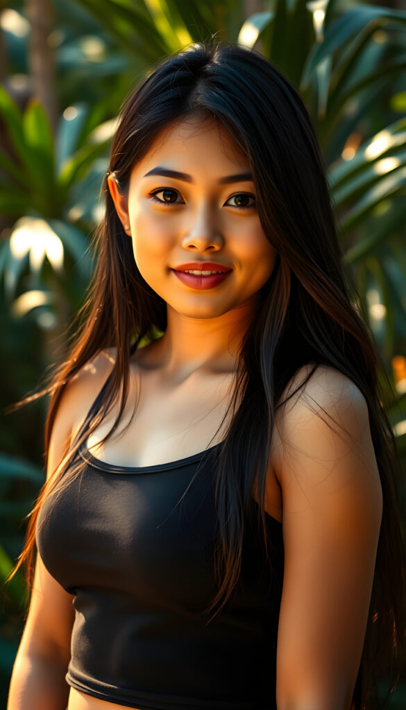 A vibrant, youthful girl with a warm, exotic tan and long, flowing black hair stands confidently against a backdrop of a lush, tropical forest. She wears a stylish, short cropped black tank top that accentuates her perfect curves. Her round face is framed by her soft, silky hair, and her full, kissable lips and bright, expressive eyes exude charm and vitality. The lighting is soft and golden, casting a warm glow that highlights her radiant skin and the lush greenery around her. The scene is filled with vibrant colors, including vivid greens, deep blues, and warm golds, creating a lively and enchanting atmosphere.