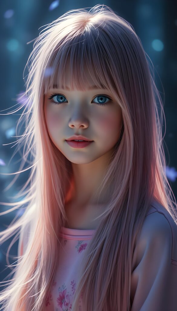 A vibrant, youthful scene featuring a young girl with long, flowing pink straight hair and charming bangs. Her flawless skin and deep blue eyes shine brightly under the soft, ethereal glow. She wears a delicate pink t-shirt, adorned with intricate floral patterns. A light, enchanting fog in shades of blue and purple swirls around her, creating a dreamlike atmosphere. The background is a stunning blend of dark, mysterious woods and a starry night sky, enhancing the mystical ambiance.