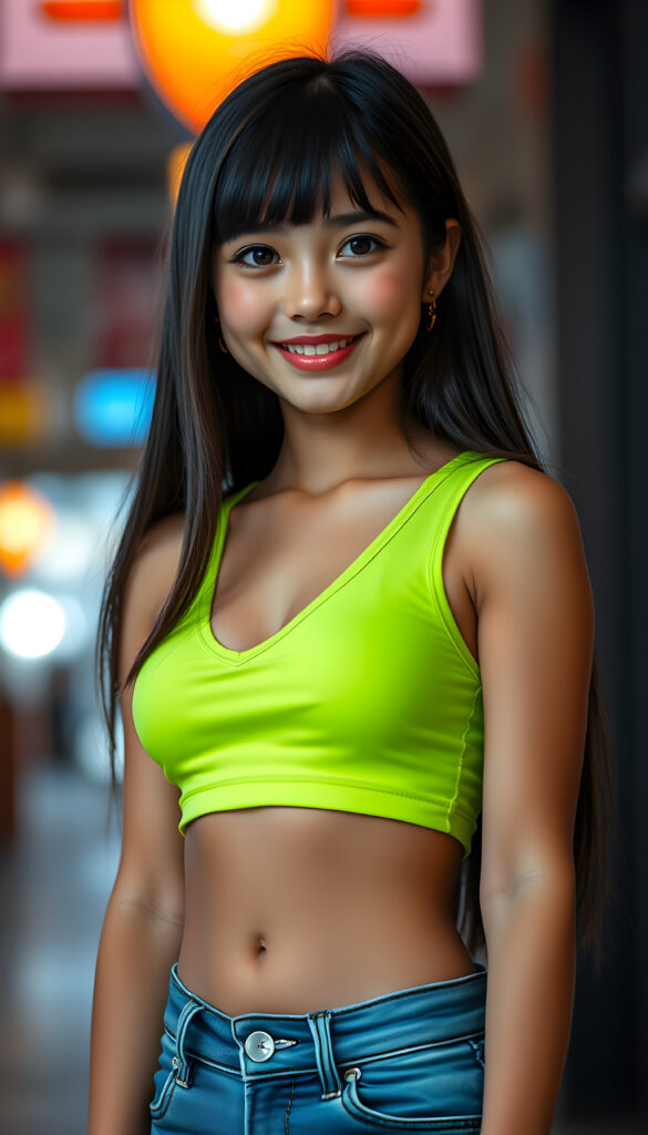 A vibrant, youthful well busty girl with straight, silky, jet-black hair cascading over her shoulders, full, plump lips, and a radiant smile. Her large, round, sparkling amber eyes gleam with curiosity, and her round cheeks blush in delight. She wears a short, form-fitting neon green tank top that accentuates her feminine figure and deep v-neck, paired with blue jeans, shows her perfect round belly button.