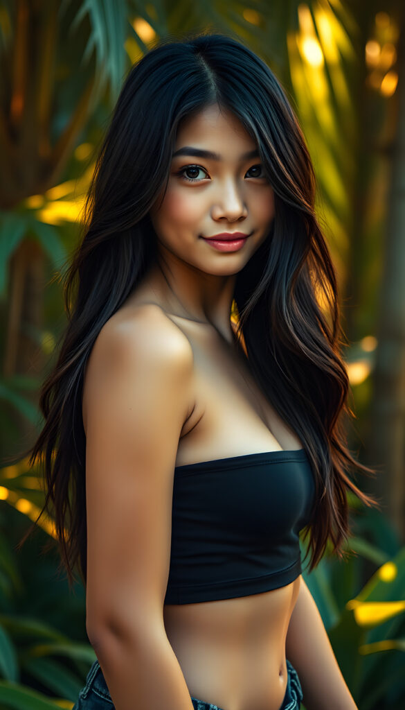 A vibrant, youthful girl with a warm, exotic tan and long, flowing black hair stands confidently against a backdrop of a lush, tropical forest. She wears a stylish, short cropped black tank top that accentuates her perfect curves. Her round face is framed by her soft, silky hair, and her full, kissable lips and bright, expressive eyes exude charm and vitality. The lighting is soft and golden, casting a warm glow that highlights her radiant skin and the lush greenery around her. The scene is filled with vibrant colors, including vivid greens, deep blues, and warm golds, creating a lively and enchanting atmosphere.