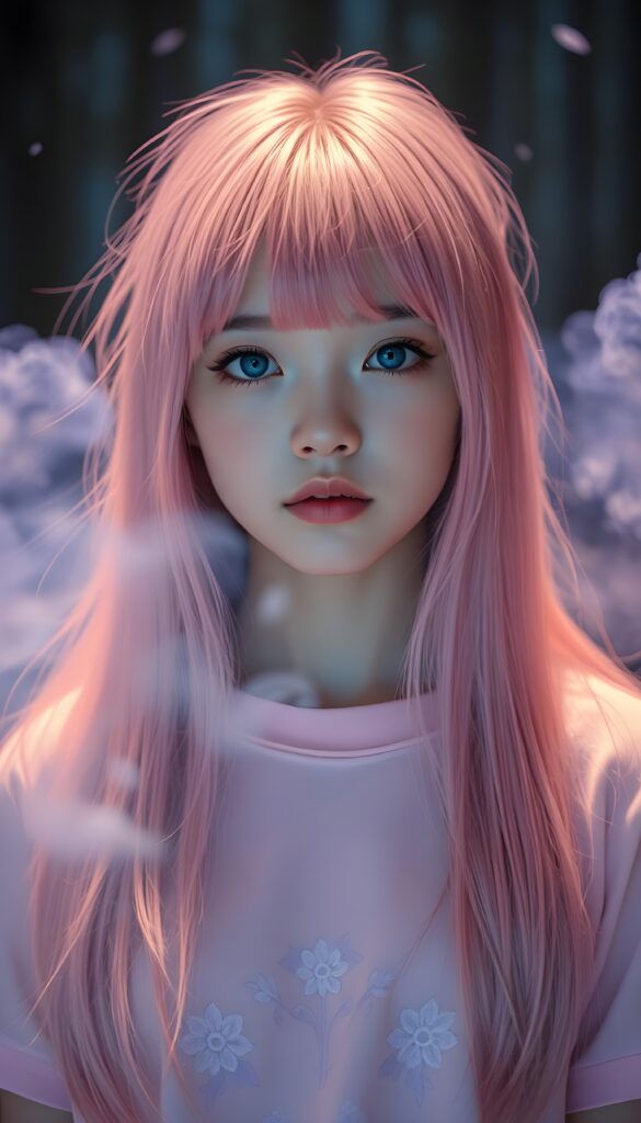 A vibrant, youthful scene featuring a young girl with long, flowing pink straight hair and charming bangs. Her flawless skin and deep blue eyes shine brightly under the soft, ethereal glow. She wears a delicate pink t-shirt, adorned with intricate floral patterns. A light, enchanting fog in shades of blue and purple swirls around her, creating a dreamlike atmosphere. The background is a stunning blend of dark, mysterious woods and a starry night sky, enhancing the mystical ambiance.