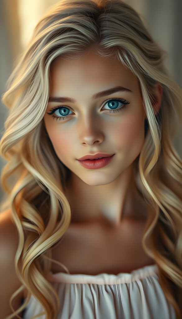 A vintage-style photograph captures a young woman with wavy white hair, her expression serene and dreamy. Her flawless skin and delicate lips are accentuated by soft, golden light that highlights her radiant blue eyes. She wears a simple camisole in pastel hues, her hair gently framing her round, angelic face. The background is softly blurred, evoking a peaceful, nostalgic atmosphere with a touch of whimsy, as if she's floating amidst gentle clouds. The lighting is warm and ethereal, casting a magical glow over the scene, enhancing the image's serene and enchanting quality, doll-like look.