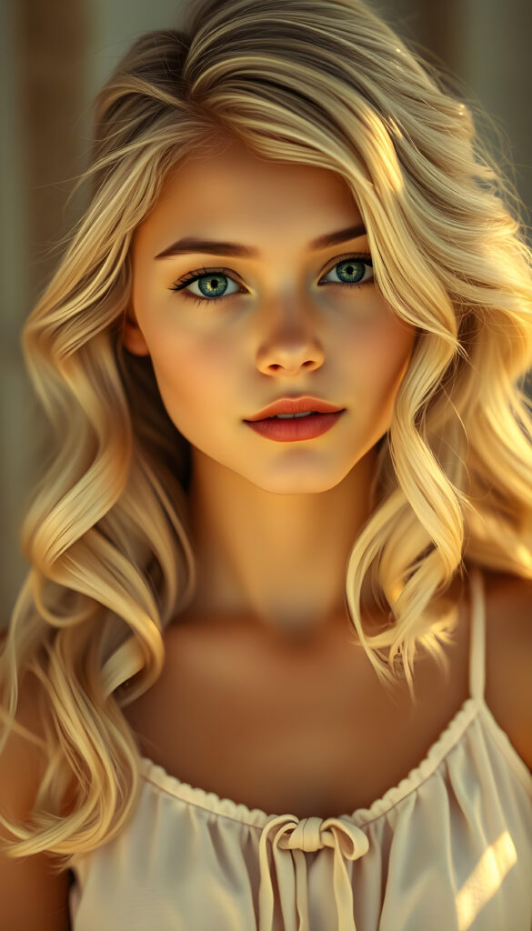 A vintage-style photograph captures a young woman with wavy white hair, her expression serene and dreamy. Her flawless skin and delicate lips are accentuated by soft, golden light that highlights her radiant blue eyes. She wears a simple camisole in pastel hues, her hair gently framing her round, angelic face. The background is softly blurred, evoking a peaceful, nostalgic atmosphere with a touch of whimsy, as if she's floating amidst gentle clouds. The lighting is warm and ethereal, casting a magical glow over the scene, enhancing the image's serene and enchanting quality, doll-like look.