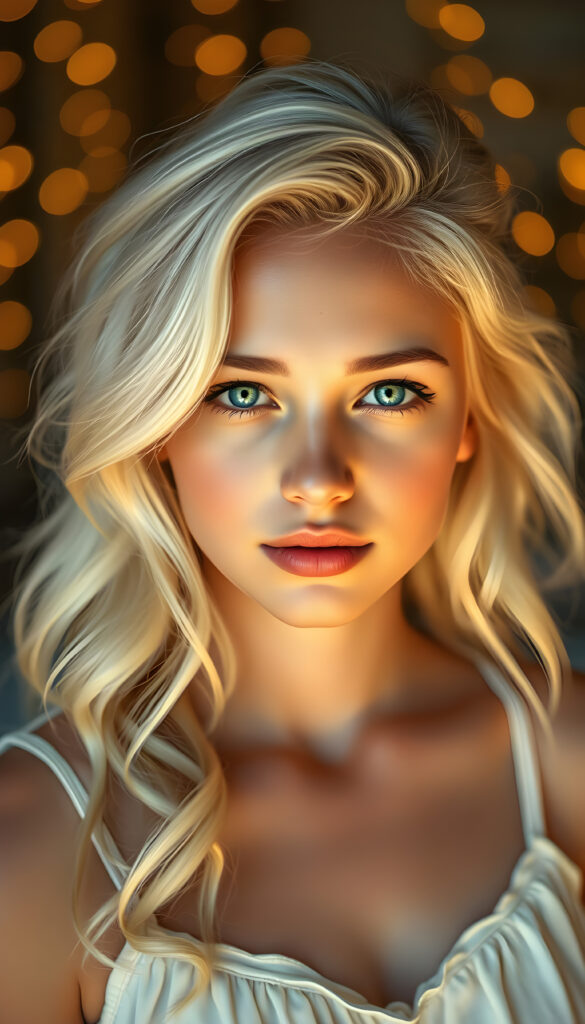 A vintage-style photograph captures a young woman with wavy white hair, her expression serene and dreamy. Her flawless skin and delicate lips are accentuated by soft, golden light that highlights her radiant blue eyes. She wears a simple camisole in pastel hues, her hair gently framing her round, angelic face. The background is softly blurred, evoking a peaceful, nostalgic atmosphere with a touch of whimsy, as if she's floating amidst gentle clouds. The lighting is warm and ethereal, casting a magical glow over the scene, enhancing the image's serene and enchanting quality, doll-like look.