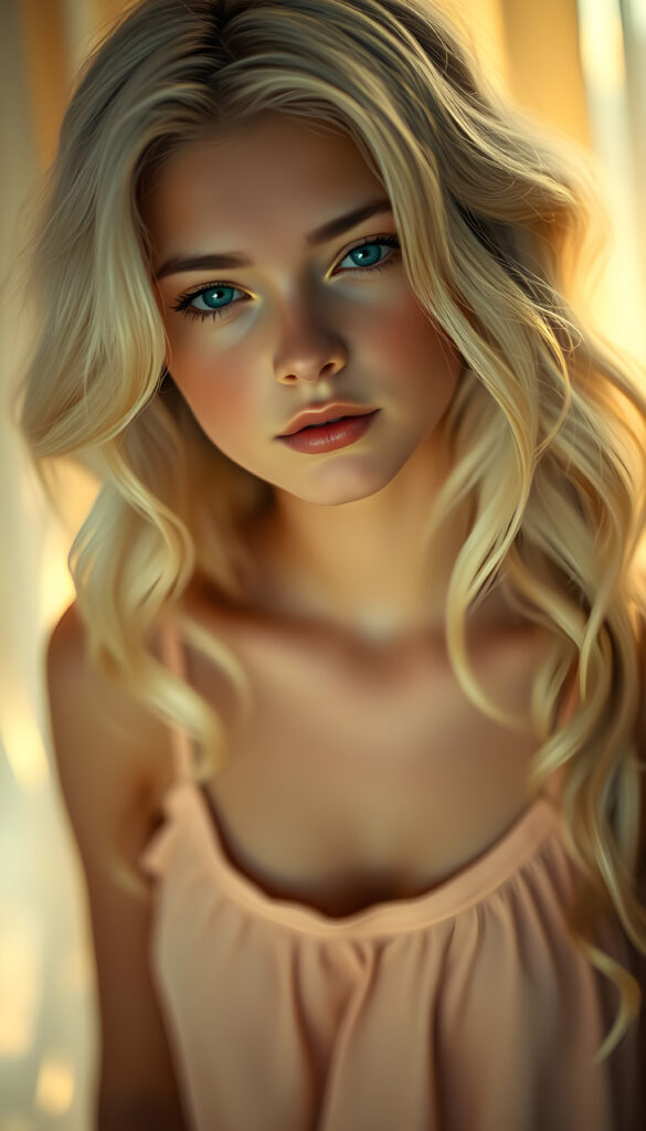 A vintage-style photograph captures a young woman with wavy white hair, her expression serene and dreamy. Her flawless skin and delicate lips are accentuated by soft, golden light that highlights her radiant blue eyes. She wears a simple camisole in pastel hues, her hair gently framing her round, angelic face. The background is softly blurred, evoking a peaceful, nostalgic atmosphere with a touch of whimsy, as if she's floating amidst gentle clouds. The lighting is warm and ethereal, casting a magical glow over the scene, enhancing the image's serene and enchanting quality, doll-like look.