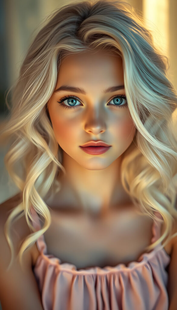 A vintage-style photograph captures a young woman with wavy white hair, her expression serene and dreamy. Her flawless skin and delicate lips are accentuated by soft, golden light that highlights her radiant blue eyes. She wears a simple camisole in pastel hues, her hair gently framing her round, angelic face. The background is softly blurred, evoking a peaceful, nostalgic atmosphere with a touch of whimsy, as if she's floating amidst gentle clouds. The lighting is warm and ethereal, casting a magical glow over the scene, enhancing the image's serene and enchanting quality, doll-like look.