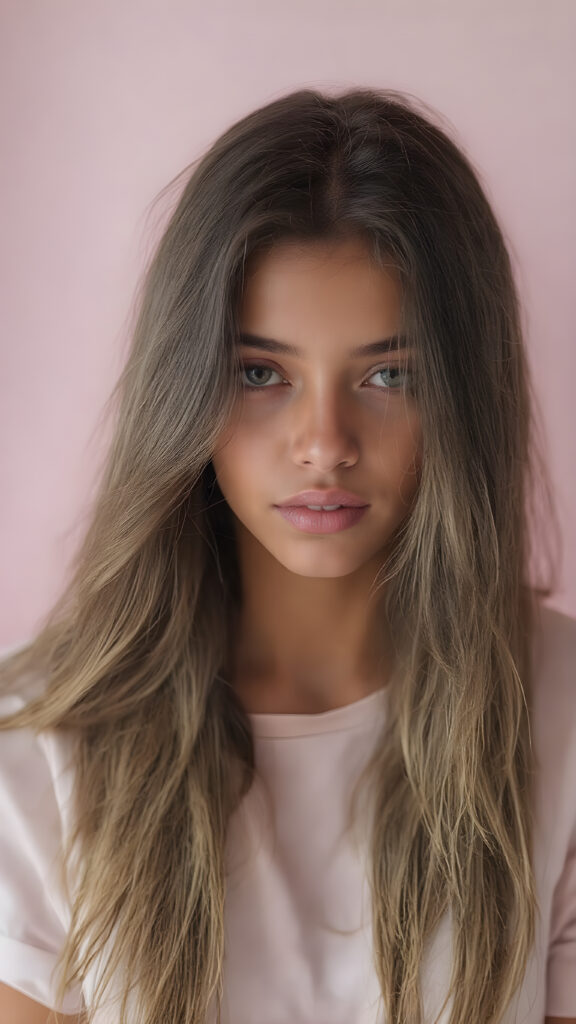 A (((vivid Full Body Portrait))) showcasing a (((natural girl))) with long, (((Detailed Hair))), flowing down her shoulders and cascading down her back, her lips are full and painted in a (((Light Natural Pink)), matching eyes she’s wearing a (((cotton shirt))), and a (((Natural-toned body))), adorned with (((delicate hand and finger tattoos))), that give off a (((Soft, pastel Glow))). Her attire is (((comfortable, natural, and elegant))). She exudes a (((Natural Beauty))), with a (((light natural pink complexion))), and (((a soft, pastel pink expression))), that complements her (((vibrant, natural eyes))) beautifully. The scene is captured in a (((high-resolution, natural photograph))), with a (((soft, pastel pink light shining on her))) as the backdrop. Her posture is (((the most beautiful part of her body))), as it embodies (((Natural Beauty with a radiant glow))) that radiates an (((Ethereal and Alluring Expression))), which gives off a (((Subtle yet captivating vibe))).