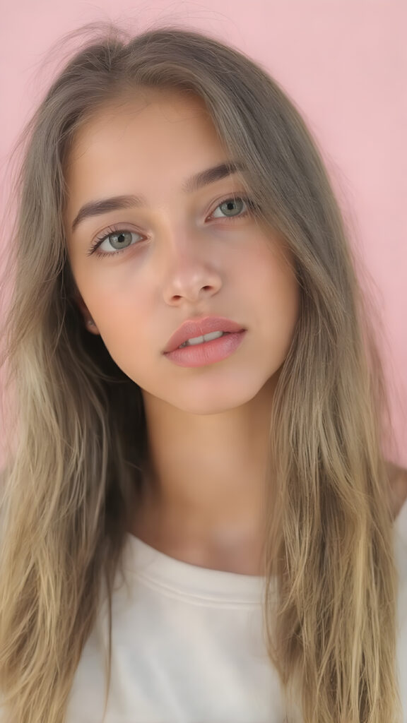 A (((vivid Full Body Portrait))) showcasing a (((natural girl))) with long, (((Detailed Hair))), flowing down her shoulders and cascading down her back, her lips are full and painted in a (((Light Natural Pink)), matching eyes she’s wearing a (((cotton shirt))), and a (((Natural-toned body))), adorned with (((delicate hand and finger tattoos))), that give off a (((Soft, pastel Glow))). Her attire is (((comfortable, natural, and elegant))). She exudes a (((Natural Beauty))), with a (((light natural pink complexion))), and (((a soft, pastel pink expression))), that complements her (((vibrant, natural eyes))) beautifully. The scene is captured in a (((high-resolution, natural photograph))), with a (((soft, pastel pink light shining on her))) as the backdrop. Her posture is (((the most beautiful part of her body))), as it embodies (((Natural Beauty with a radiant glow))) that radiates an (((Ethereal and Alluring Expression))), which gives off a (((Subtle yet captivating vibe))).