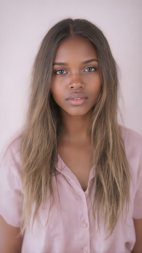 A (((vivid Full Body Portrait))) showcasing a (((natural girl))) with long, (((Detailed Hair))), flowing down her shoulders and cascading down her back, her lips are full and painted in a (((Light Natural Pink)), matching eyes she’s wearing a (((cotton shirt))), and a (((Natural-toned body))), adorned with (((delicate hand and finger tattoos))), that give off a (((Soft, pastel Glow))). Her attire is (((comfortable, natural, and elegant))). She exudes a (((Natural Beauty))), with a (((light natural pink complexion))), and (((a soft, pastel pink expression))), that complements her (((vibrant, natural eyes))) beautifully. The scene is captured in a (((high-resolution, natural photograph))), with a (((soft, pastel pink light shining on her))) as the backdrop. Her posture is (((the most beautiful part of her body))), as it embodies (((Natural Beauty with a radiant glow))) that radiates an (((Ethereal and Alluring Expression))), which gives off a (((Subtle yet captivating vibe))).