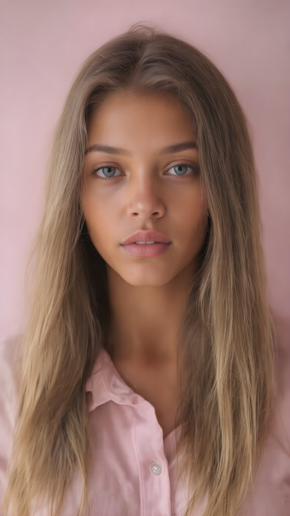 A (((vivid Full Body Portrait))) showcasing a (((natural girl))) with long, (((Detailed Hair))), flowing down her shoulders and cascading down her back, her lips are full and painted in a (((Light Natural Pink)), matching eyes she’s wearing a (((cotton shirt))), and a (((Natural-toned body))), adorned with (((delicate hand and finger tattoos))), that give off a (((Soft, pastel Glow))). Her attire is (((comfortable, natural, and elegant))). She exudes a (((Natural Beauty))), with a (((light natural pink complexion))), and (((a soft, pastel pink expression))), that complements her (((vibrant, natural eyes))) beautifully. The scene is captured in a (((high-resolution, natural photograph))), with a (((soft, pastel pink light shining on her))) as the backdrop. Her posture is (((the most beautiful part of her body))), as it embodies (((Natural Beauty with a radiant glow))) that radiates an (((Ethereal and Alluring Expression))), which gives off a (((Subtle yet captivating vibe))).