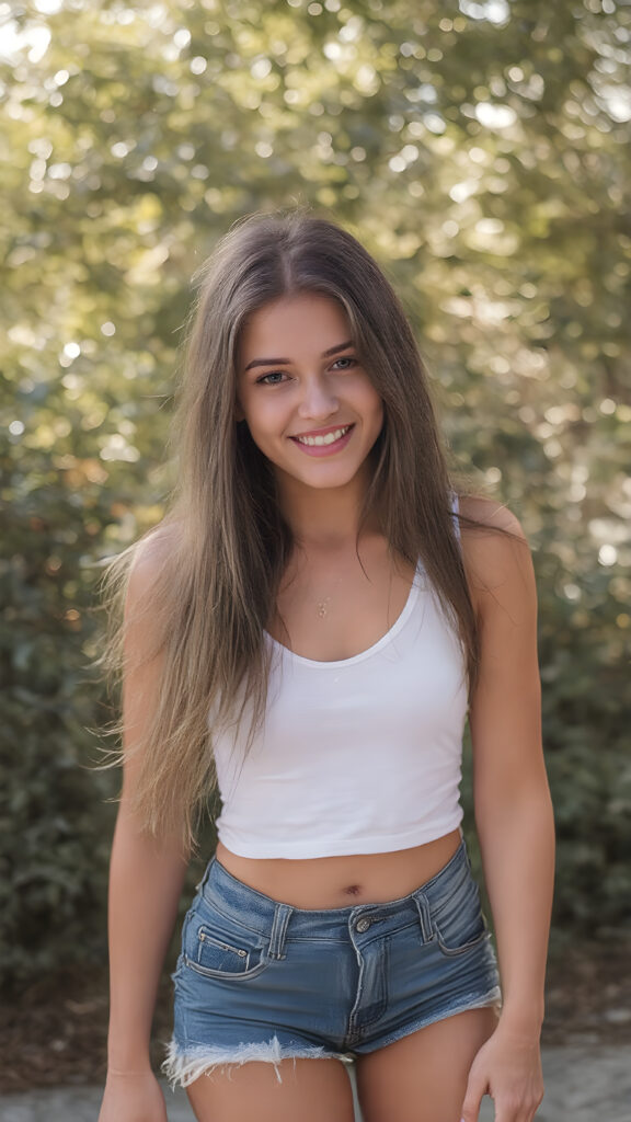 A (((vivid full body))) photo of an incredibly attractive, (((stunning cute teen girl))) with long, flowing silky brown and golden hair and (fit, toned legs), dressed in a very thin tight (white T-shirt) and (tattered denim shorts) that cling to her body. Her smile is warm and inviting. She’s posed against a backdrop of a lush, vivid city park