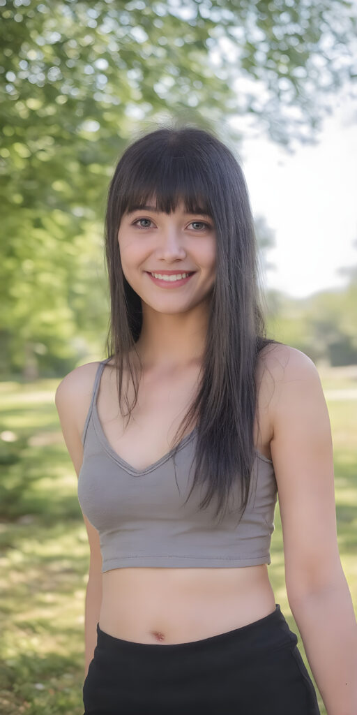 A (((vivid full body shot))) of a (((beautiful girl with straight medium length black hair))), she has (((bright natural green eyes))) and ((white skin)) that complements her ((healthy complexion)), wearing a (((short tank top with a deep v-neck))), paired with a (((short black skirt))), and posing confidently in a (sunny park). Her smile radiates cheerfulness, and her posture exudes a natural grace