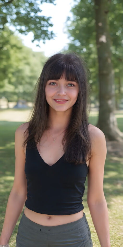 A (((vivid full body shot))) of a (((beautiful girl with straight medium length black hair))), she has (((bright natural green eyes))) and ((white skin)) that complements her ((healthy complexion)), wearing a (((short tank top with a deep v-neck))), paired with a (((short black skirt))), and posing confidently in a (sunny park). Her smile radiates cheerfulness, and her posture exudes a natural grace