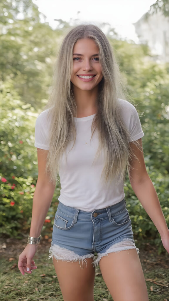 A (((vivid full body))) photo of an incredibly attractive, (((stunning cute girl))) with long, flowing silky blonde hair and (fit, toned legs), dressed in a very thin tight (white T-shirt) and (tattered denim shorts) that cling to her body in a playful yet sophisticated pose. Her smile is warm and inviting. She’s posed against a backdrop of a lush, vivid city park