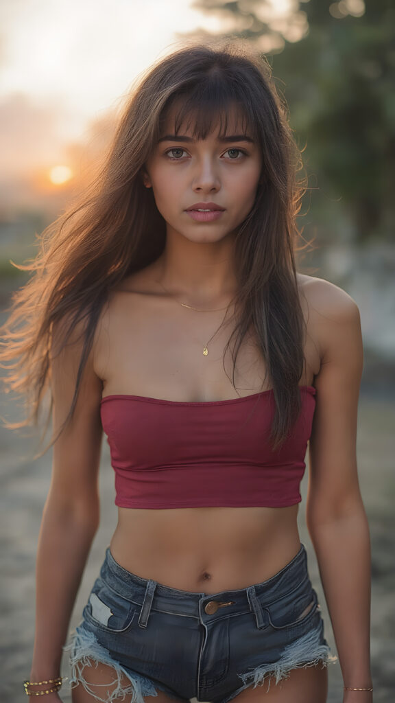 A (((vivid full body photo))) capturing a (((super sexy and posh young brunette girl))) with long, flowing hair and (((cut bangs)), that perfectly complements her sleek and sophisticated ((spandy, cropped top)) and (((tattered shorts))), which match the confidence of her pose, under a softly diffused ((sunset)) with intricate, shimmering ((water droplets)), giving an air of sophistication and fantasy