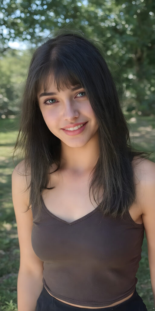 A (((vivid full body shot))) of a (((beautiful girl with straight medium length black hair))), she has (((bright natural green eyes))) and ((white skin)) that complements her ((healthy complexion)), wearing a (((short tank top with a deep v-neck))), paired with a (((short black skirt))), and posing confidently in a (sunny park). Her smile radiates cheerfulness, and her posture exudes a natural grace